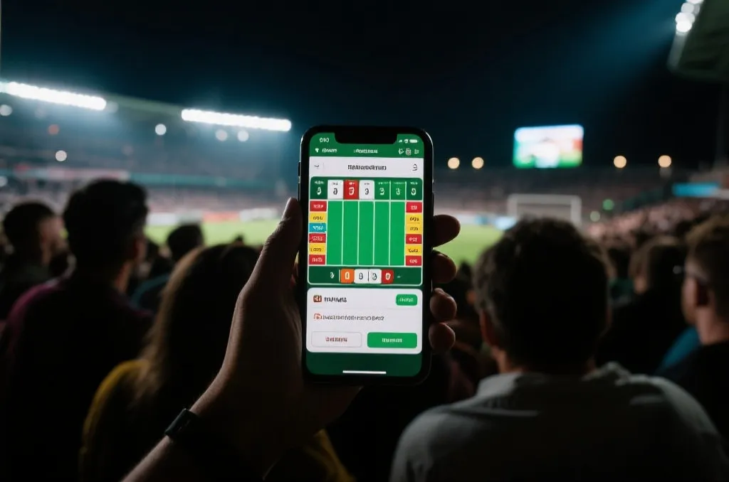 观赛者与手机投注界面，夜晚氛围