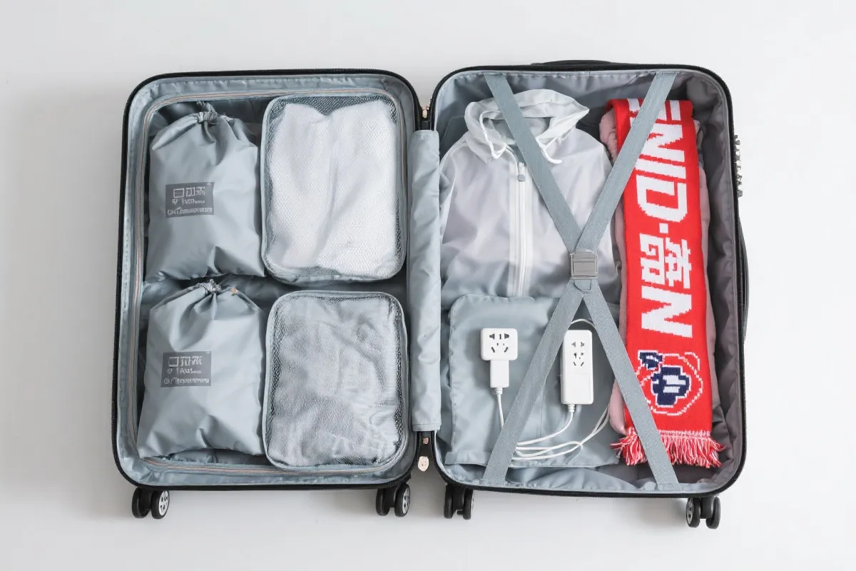 分区收纳的托运行李：收纳袋、外套、球衣与应援围巾整齐摆放
