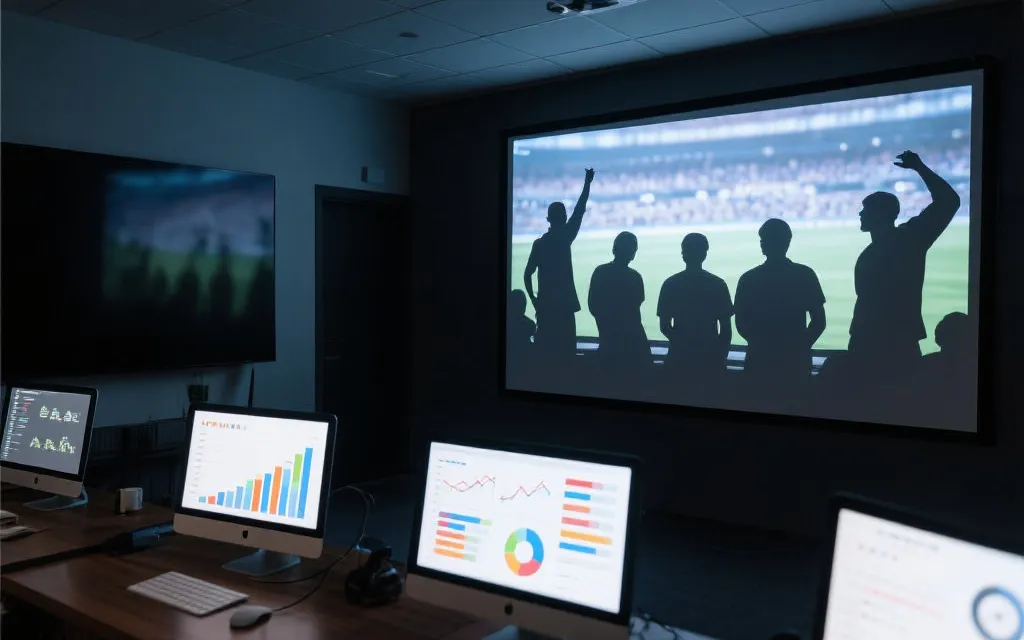 中国球迷在室内第二现场观赛，投影屏幕与数据图表元素