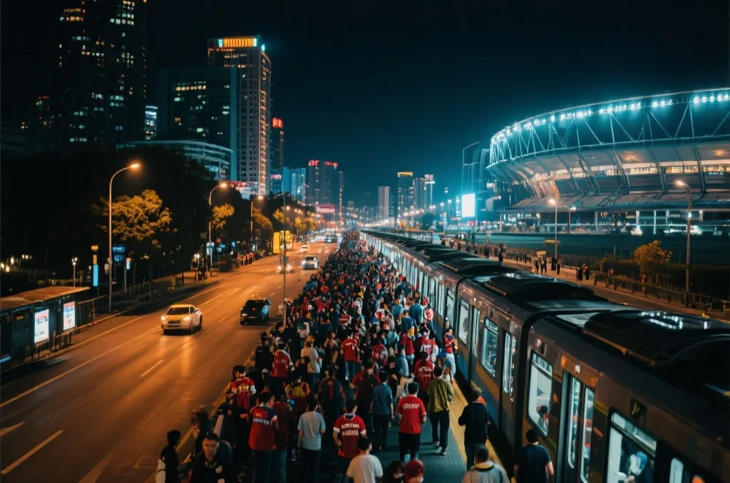 夜晚城市中球迷沿着公共交通路线前往球场,灯光与人流清晰